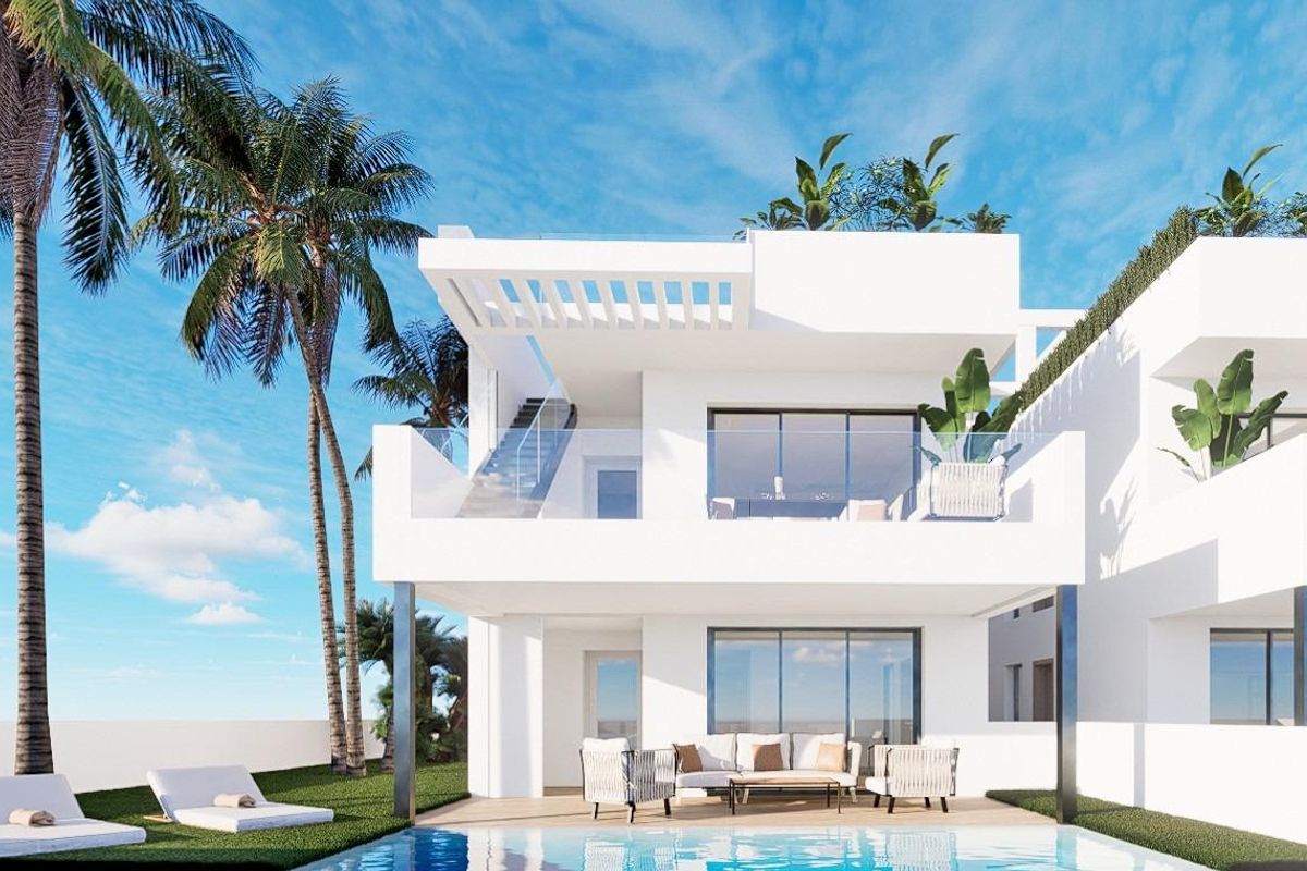 Moderne 3-slaapkamer bungalow in Finestrat met een zwembad, omgeven door palmbomen en een heldere blauwe lucht.