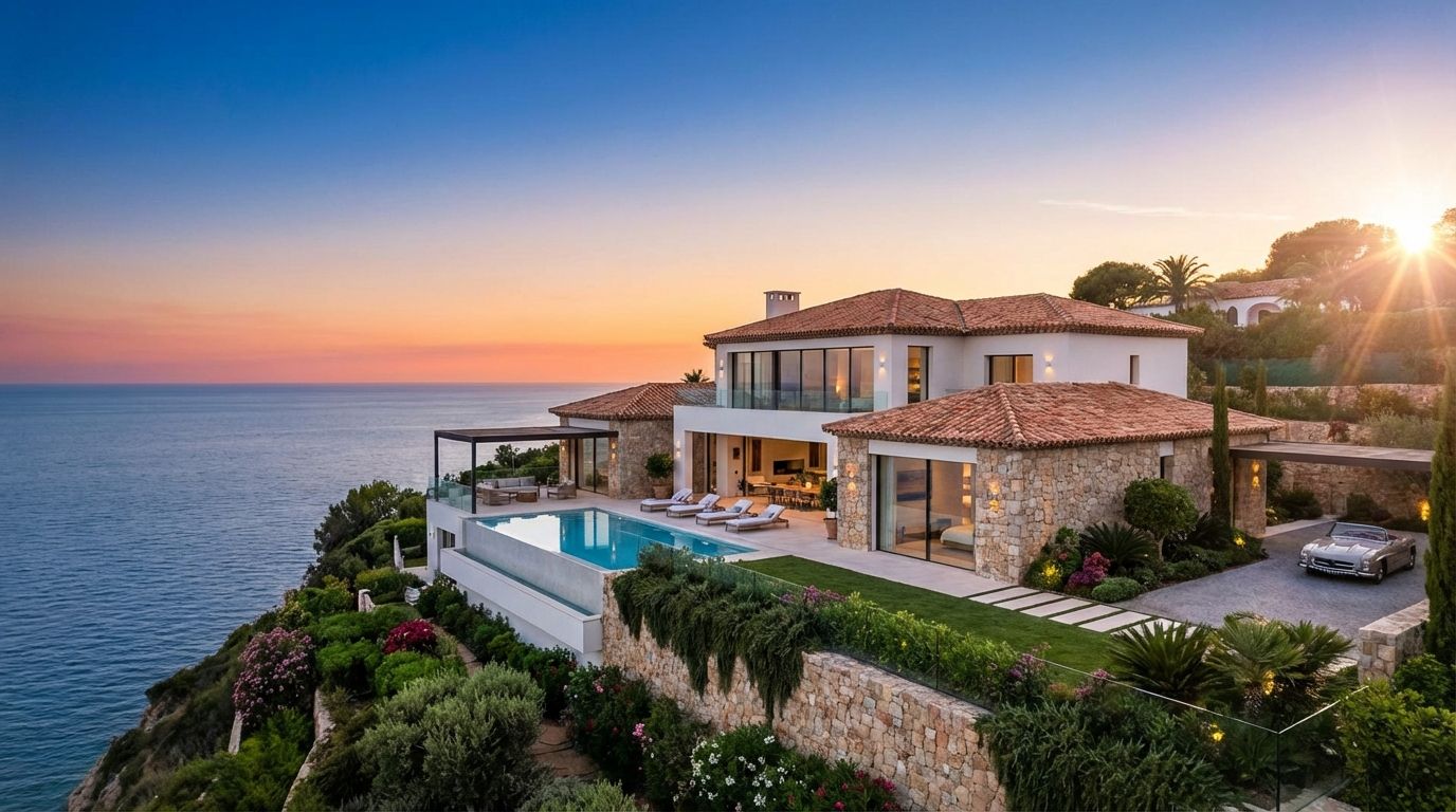 Luxe Spaanse villa met uitzicht op de Middellandse Zee bij zonsondergang