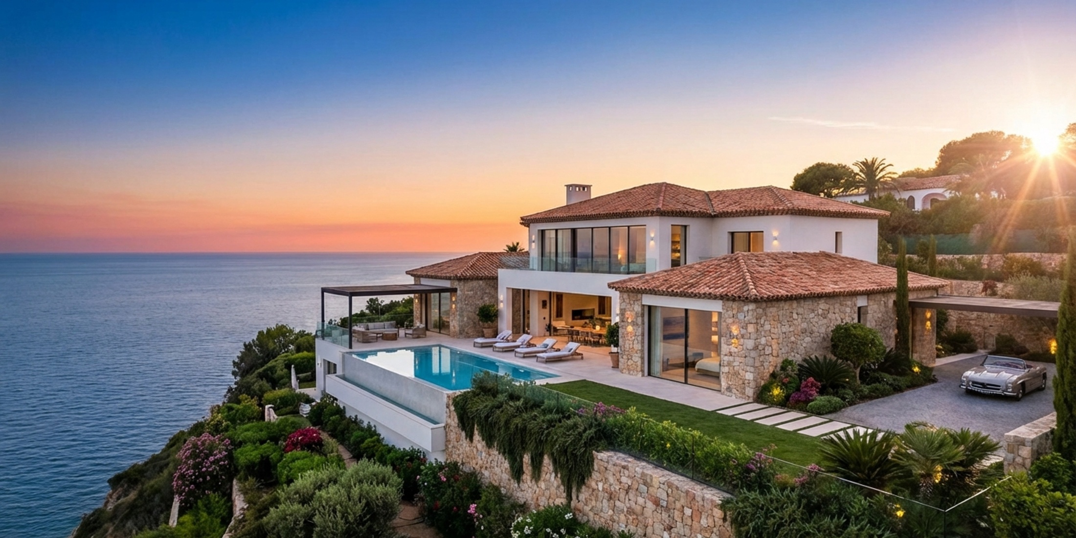 Luxe Spaanse villa met uitzicht op de Middellandse Zee bij zonsondergang