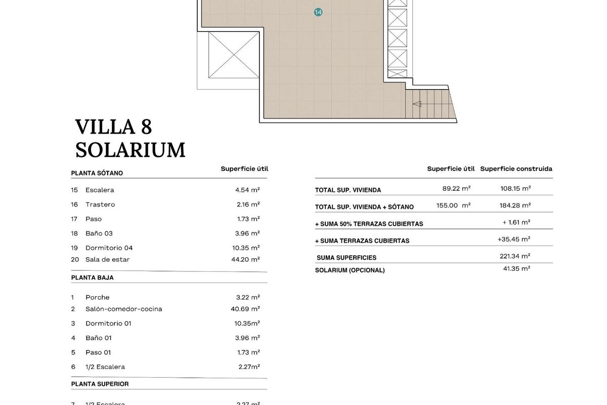Plattegrond van de solarium voor een 4-slaapkamer villa in Polop, toont de daktuin.