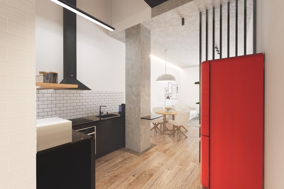 Contemporary keuken met strakke apparatuur, onderdeel van een 1-slaapkamer appartement in Alicante.