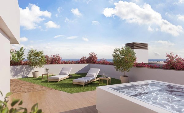 Spacious terrace with loungers and hot tub, offering views of Alicante, Costa Blanca South.