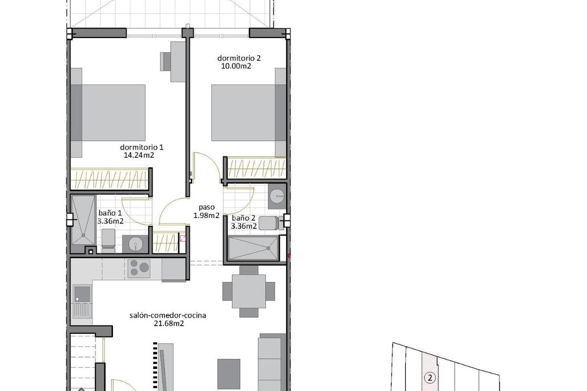 Gedetailleerde plattegrond van een 2-slaapkamer appartement in San Pedro del Pinatar, met weergave van indeling.