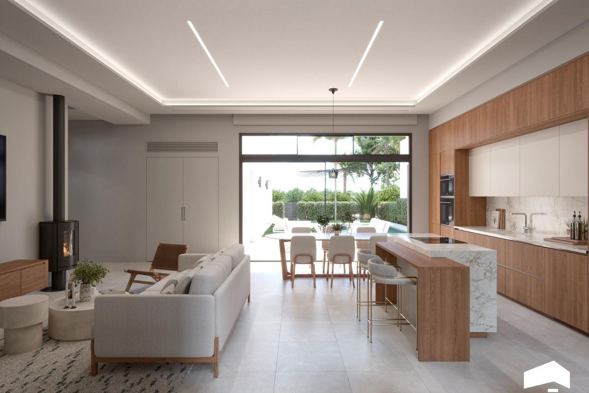 Open woon- en eetruimte in een villa met 3 slaapkamers in Torre Pacheco, met een moderne keuken en open haard.