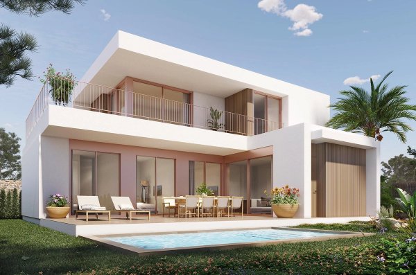 Moderne 4-slaapkamer villa in Orihuela, met een terras en zwembad, omringd door weelderige tuinen.