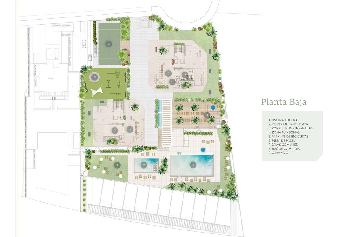 Gedetailleerde plattegrond van het complex met lay-out en voorzieningen voor toekomstige bewoners in Calpe, Costa Blanca.