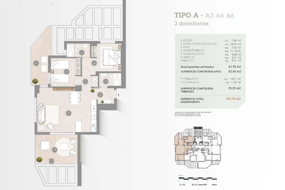  Gedetailleerde plattegrond van een appartement met 2 slaapkamers, gelegen in een modern complex in Calpe, Costa Blanca.