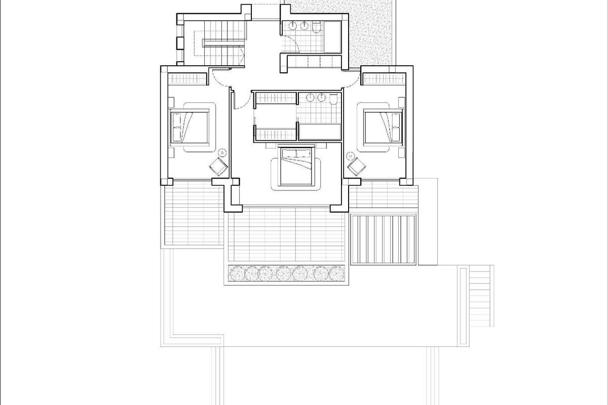 Plattegrond van een villa met 4 slaapkamers in Benissa, die de indeling en het ruimtegebruik toont.