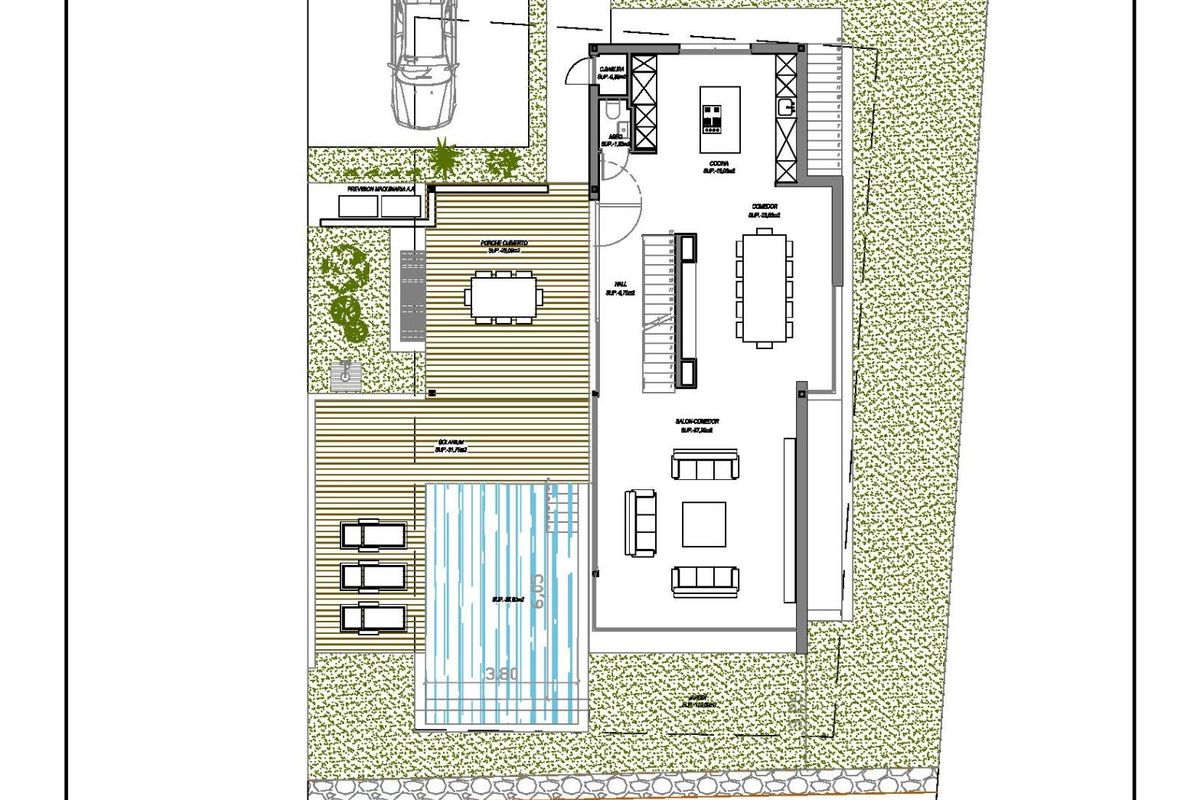 Plattegrond van een 4-slaapkamer villa in Estepona, met indeling die zwembad en buitenruimte toont.