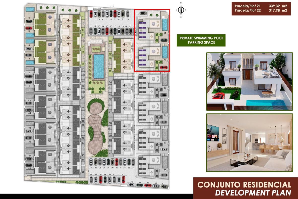 Ontwikkelingsplan voor residentiële villa's in Orihuela, met privézwembaden en parkeerplaatsen.