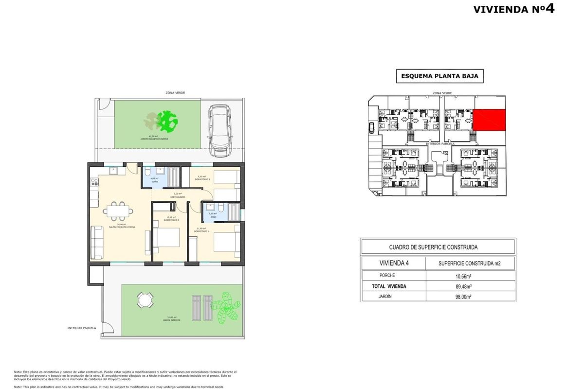 Plattegrond van een appartement op de begane grond met 3 slaapkamers in pilar de la horadada, spanje.