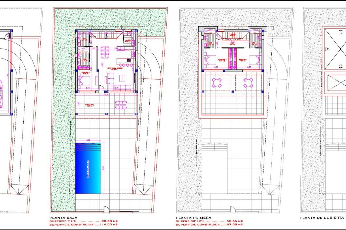 Plattegrond van de 3-slaapkamer villa in Rojales, toont indeling en buitenruimtes zoals het zwembad en de tuin.