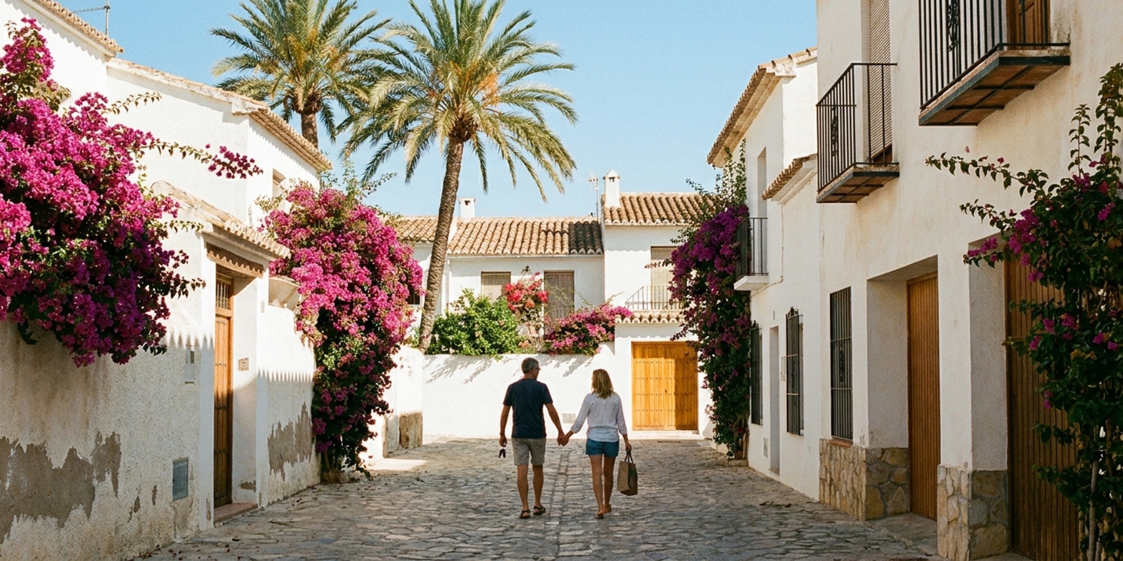 Sunlit street with white Mediterranean houses and palm trees on the Costa Blanca