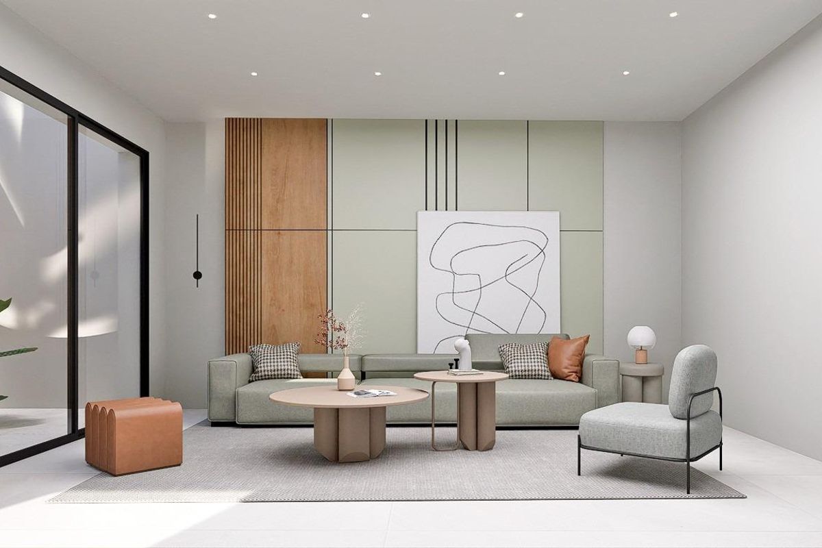 Chique woonkamer met moderne meubels en grote ramen in een villa in Finestrat.