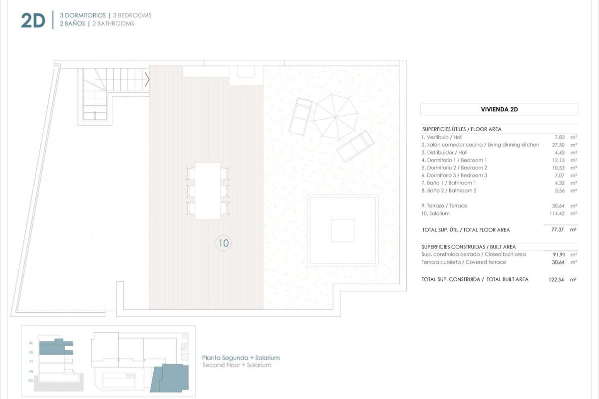 Dakplattegrond voor een penthouse in Benijofar, die het ontwerp van de bovenste ruimtes illustreert.