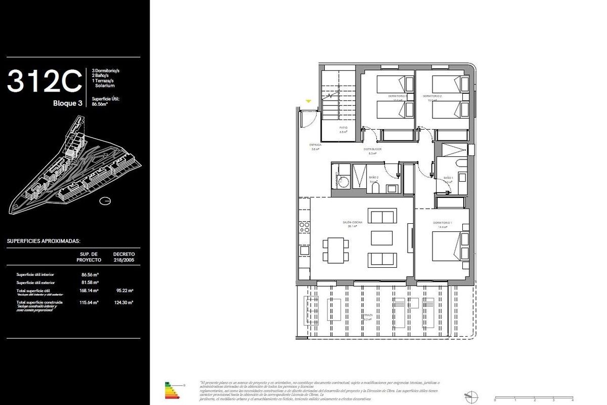 Plattegrond van een 3-slaapkamer penthouse in Mijas, Costa del Sol, die de indeling en afmetingen van de leefruimte toont.