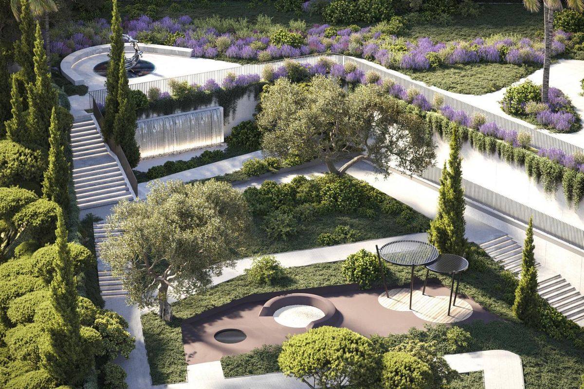 Groene tuin met paden en zitplaatsen voor ontspanning in de appartementencommunity in Mijas, Costa del Sol.