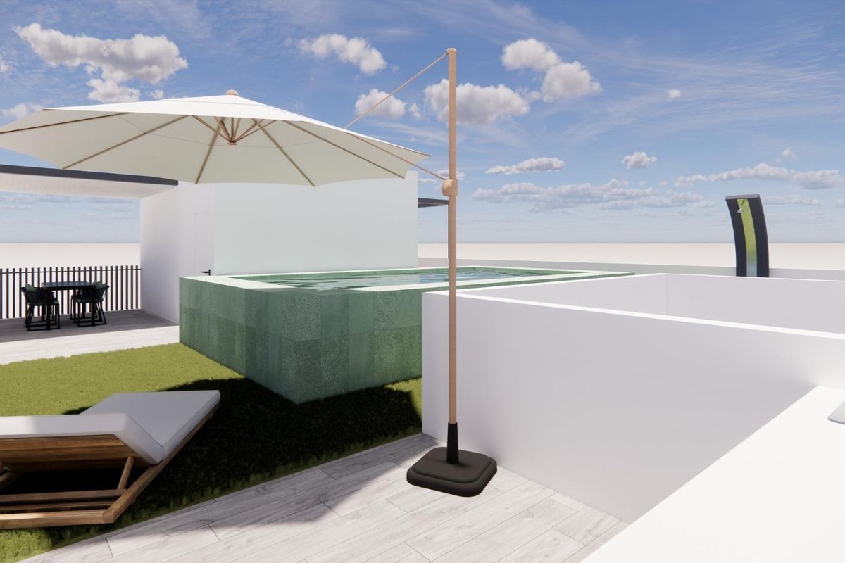Terras van de penthouse met een zwembad en ligstoelen, perfect om te ontspannen in Pilar de La Horadada.