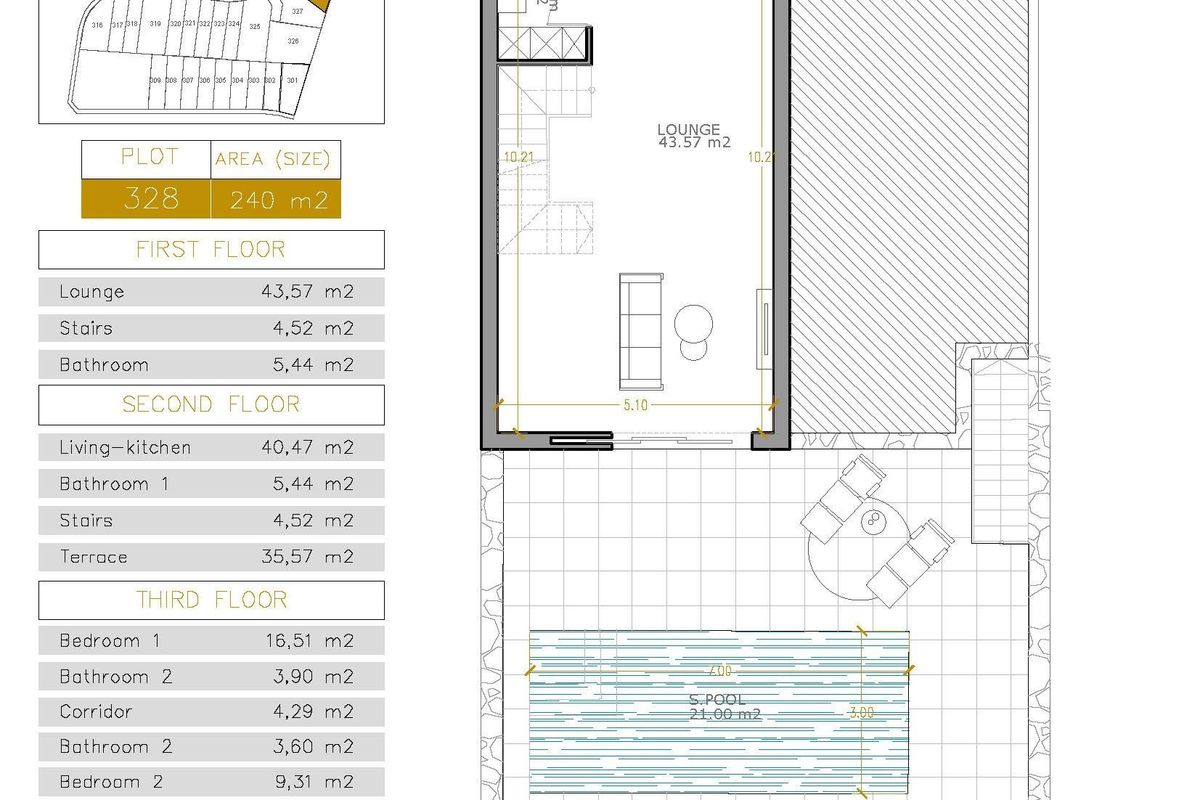 Plattegrond van een 3-slaapkamer villa met details van kamers en indeling, gelegen in Orihuela Costa, Costa Blanca.