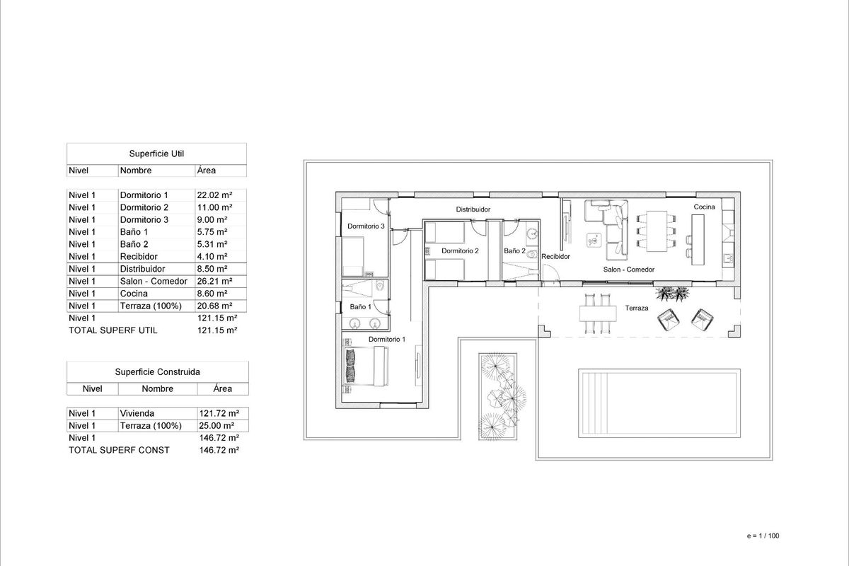 Gedetailleerde plattegrond van een 3-slaapkamer villa met kamers en indeling in La Romana, Costa Blanca Zuid, Spanje.