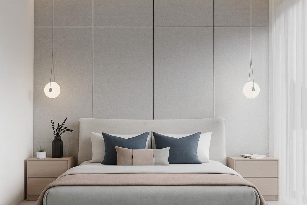 Chic slaapkamer in een 3-slaapkamer appartement in Estepona met strak ontwerp, gezellige beddengoed en sfeerverlichting.