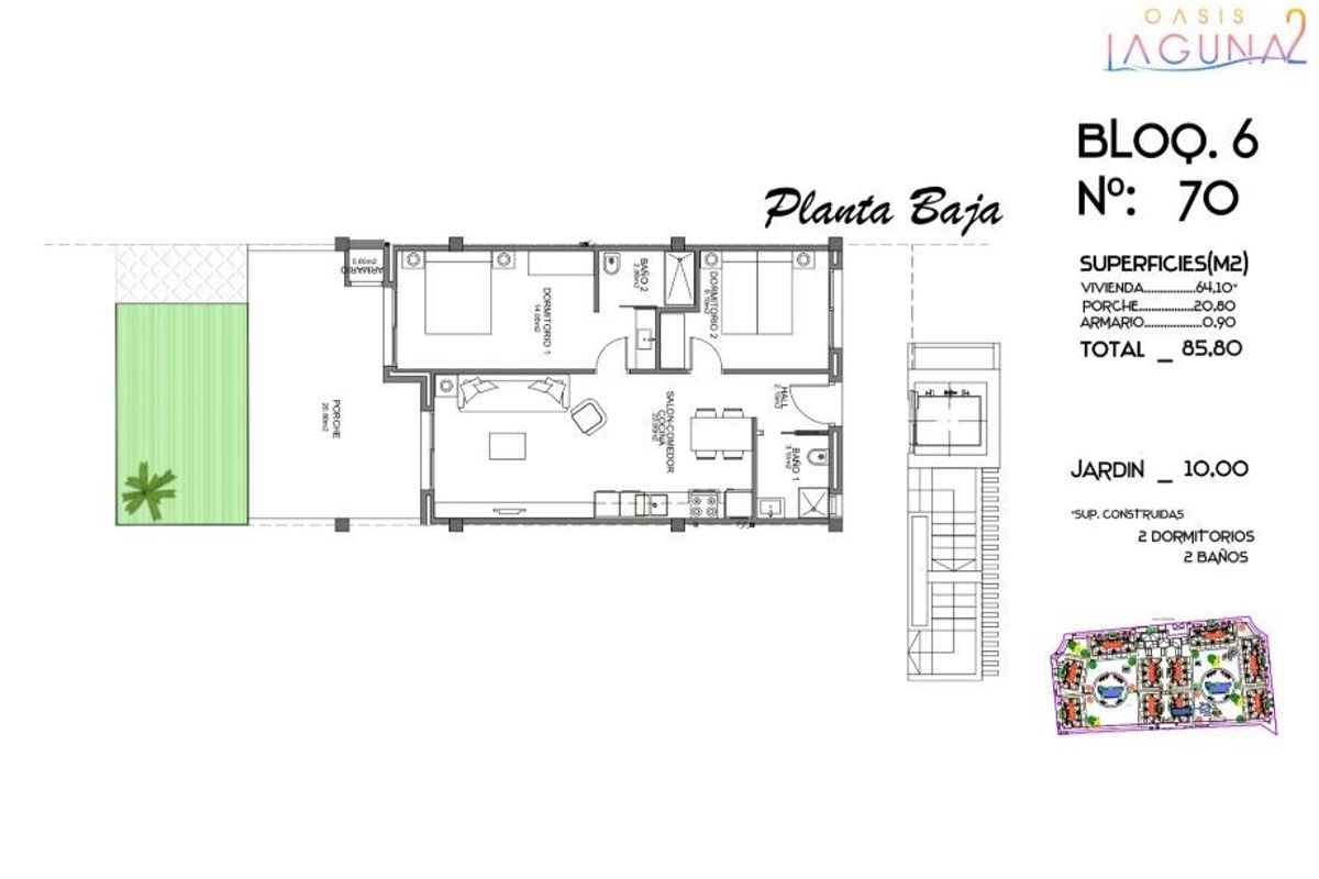 Gedetailleerde plattegrond van een 2-slaapkamer appartement in Guardamar del Segura, met indeling en afmetingen.