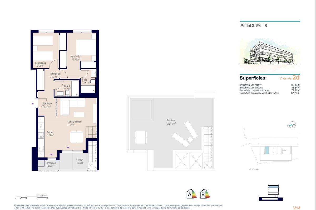 Gedetailleerde plattegrond van het 2-slaapkamer penthouse in Alicante, met de indeling en ruimtes.