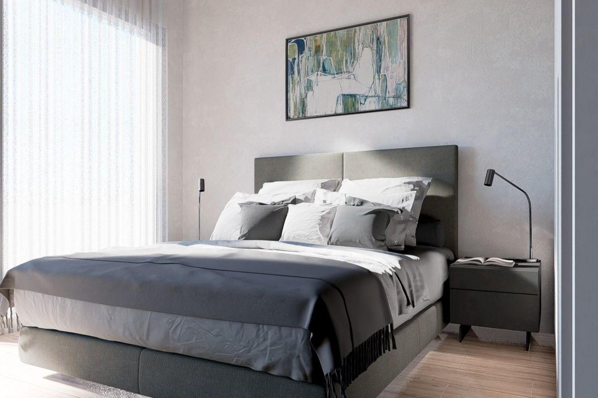 Moderne slaapkamer met elegante meubels in een 2-slaapkamer bungalow in Torrevieja.