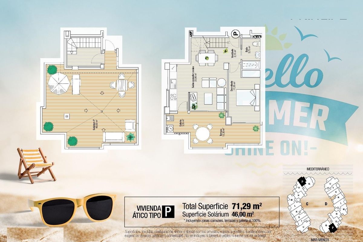 Plattegrond van het 1-slaapkamer penthouse, met details over de indeling en ruimte in La Manga del Mar Menor.