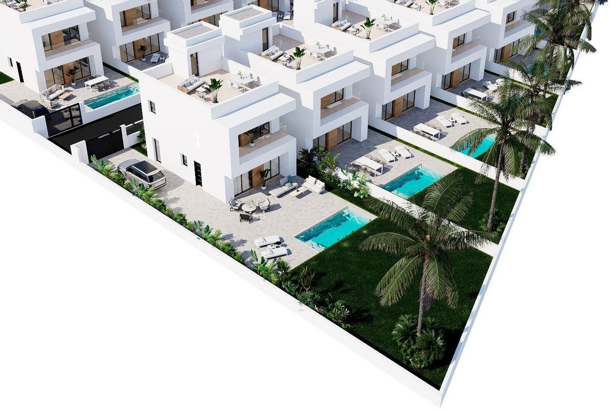 Luchtfoto van een complex van townhouses met zwembaden en aangelegde tuinen in Orihuela Costa, Spanje.