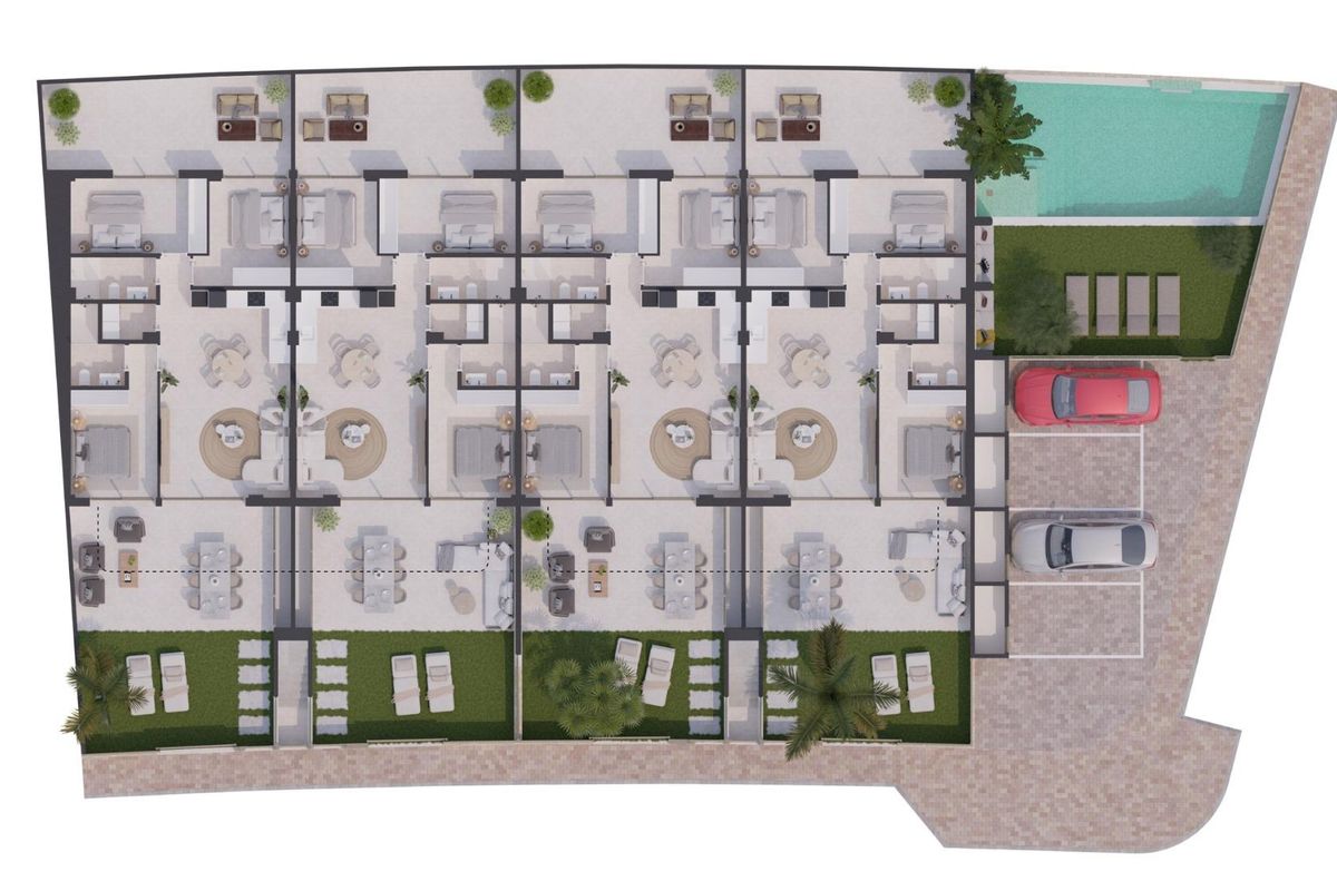 Luchtfoto van een modern complex met meerdere 3-slaapkamer appartementen en groene ruimtes, San Pedro del Pinatar.