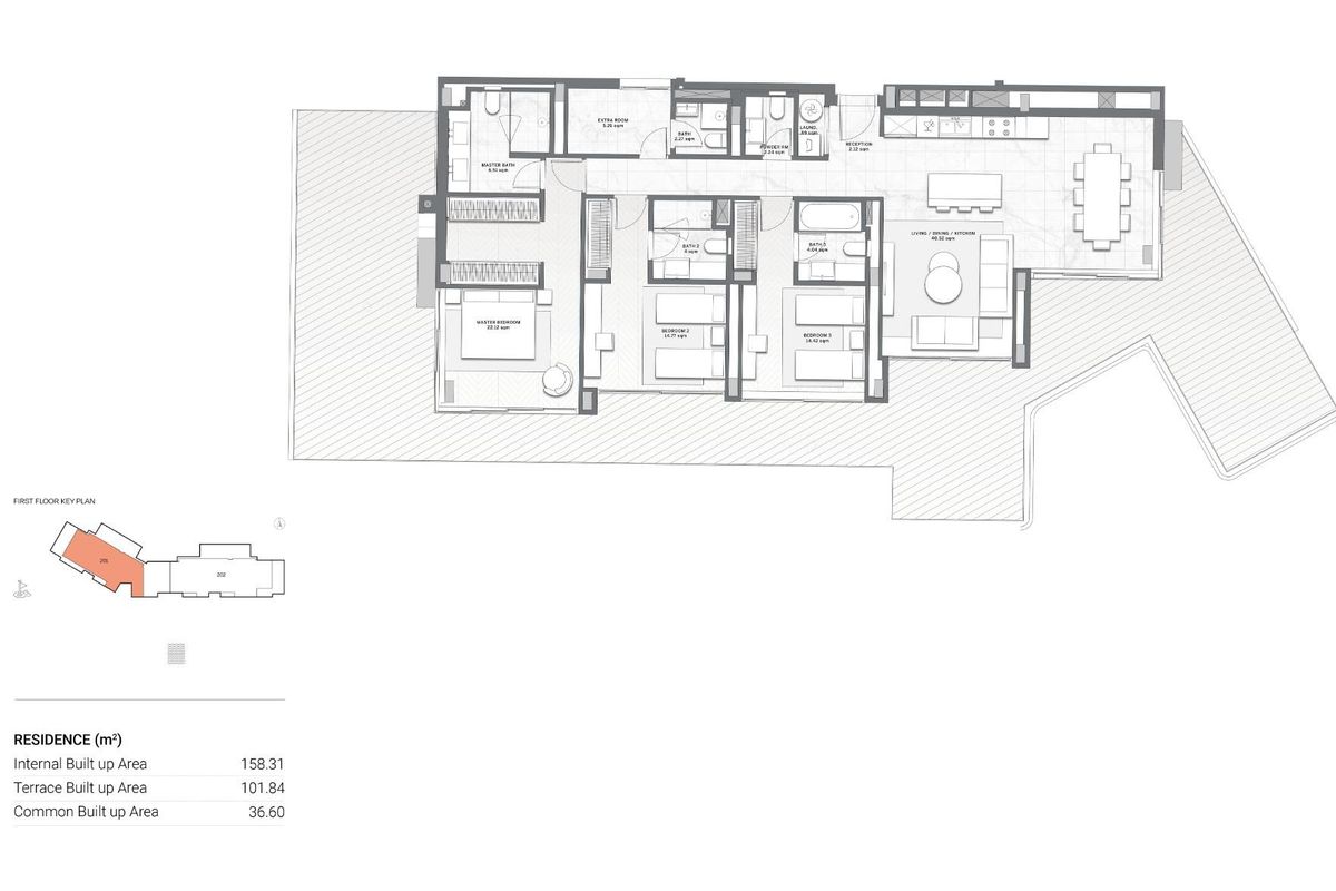 Plattegrond van het 4-slaapkamer penthouse met detail van kamers en indeling in Casares, Costa del Sol.
