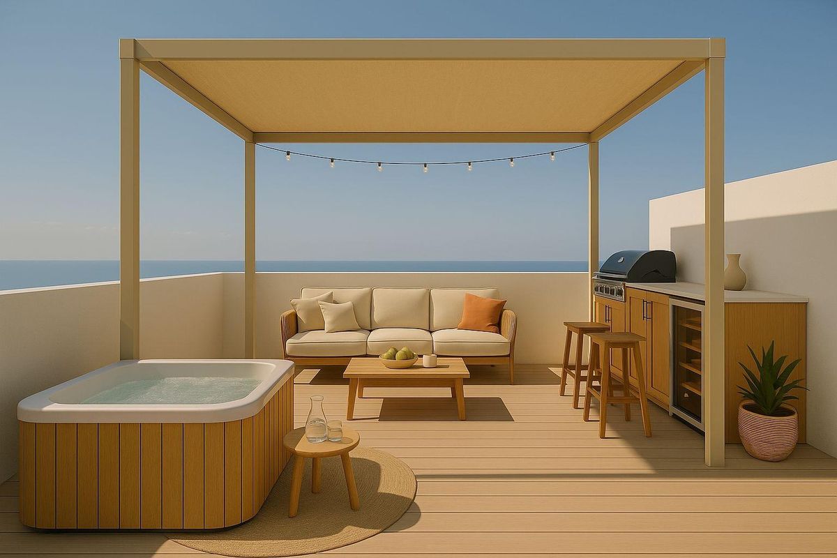 Uitnodigend terras met een hot tub en zithoek, ideaal voor ontspanning in het penthouse in Guardamar del Segura.