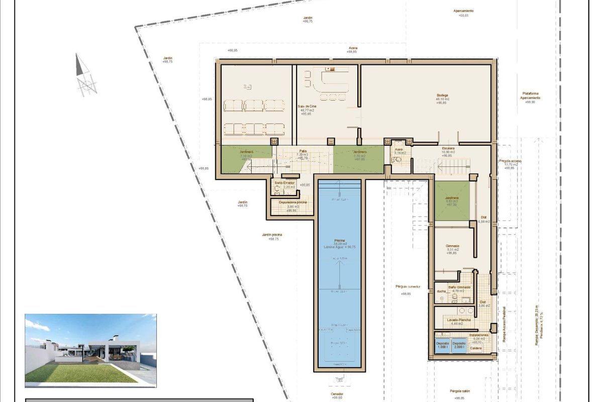 Plattegrond van een 6-slaapkamer villa in Mijas, Costa del Sol, met indeling en afmetingen.