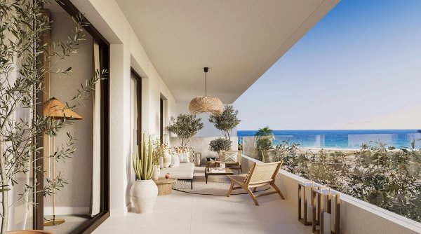 Ruim terras met zithoek, met uitzicht op zee in Mojacar, 2-slaapkamer appartement aan de Costa de Almeria.