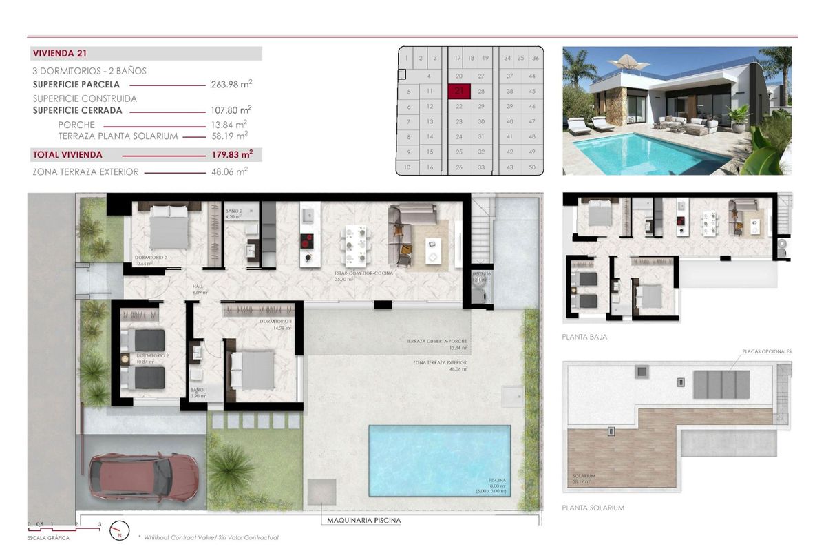 Gedetailleerde plattegrond van een 3-slaapkamer villa indeling in Ciudad Quesada, Costa Blanca Zuid, Spanje.