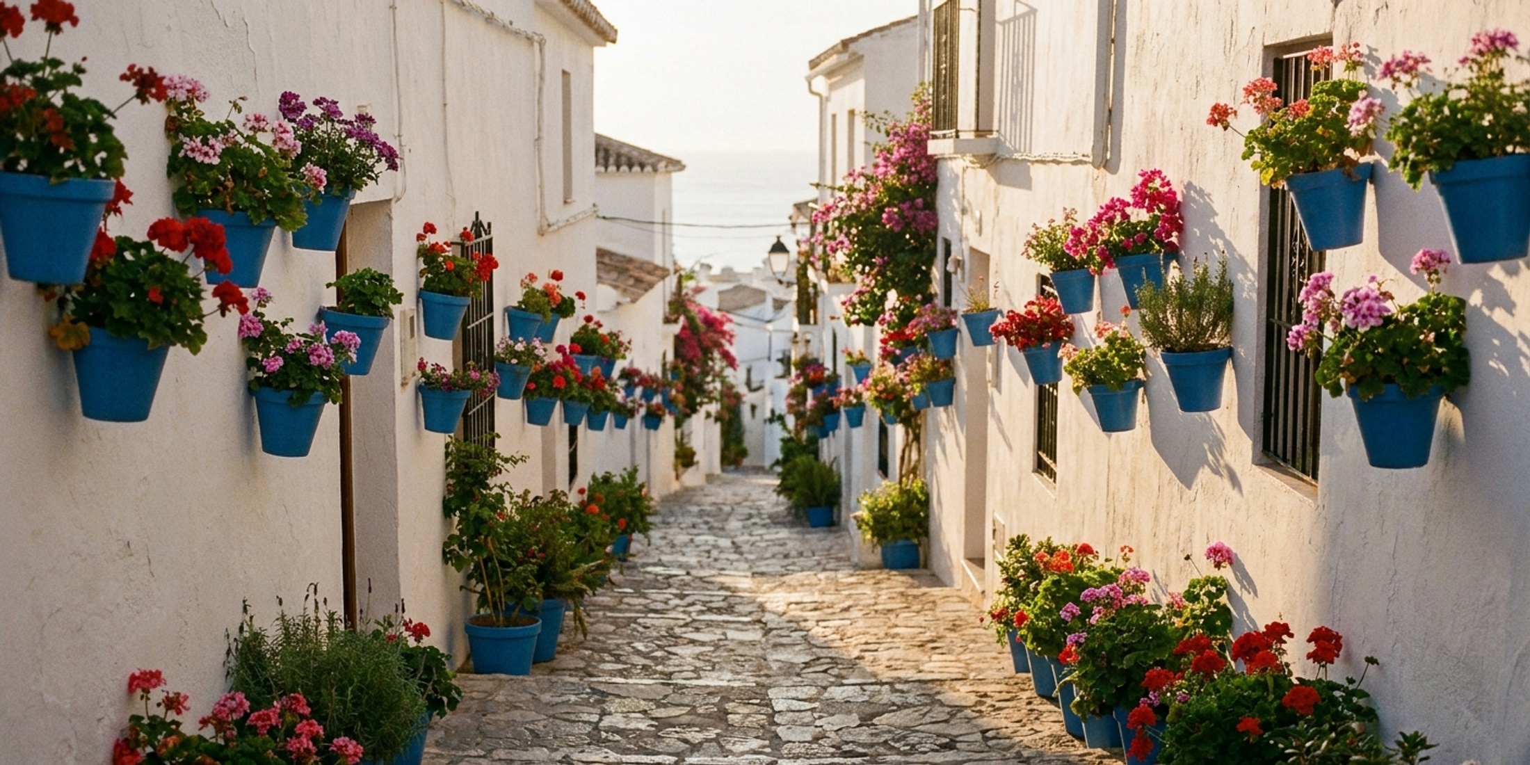 Whitewashed Andalusian village street with flower pots in golden afternoon light