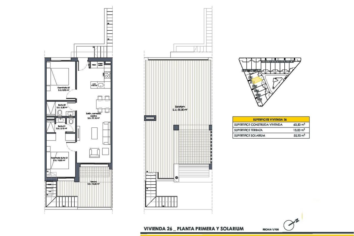 Gedetailleerde plattegrond van een twee-slaapkamer bungalow met indeling in San Fulgencio, Costa Blanca Zuid, Spanje.