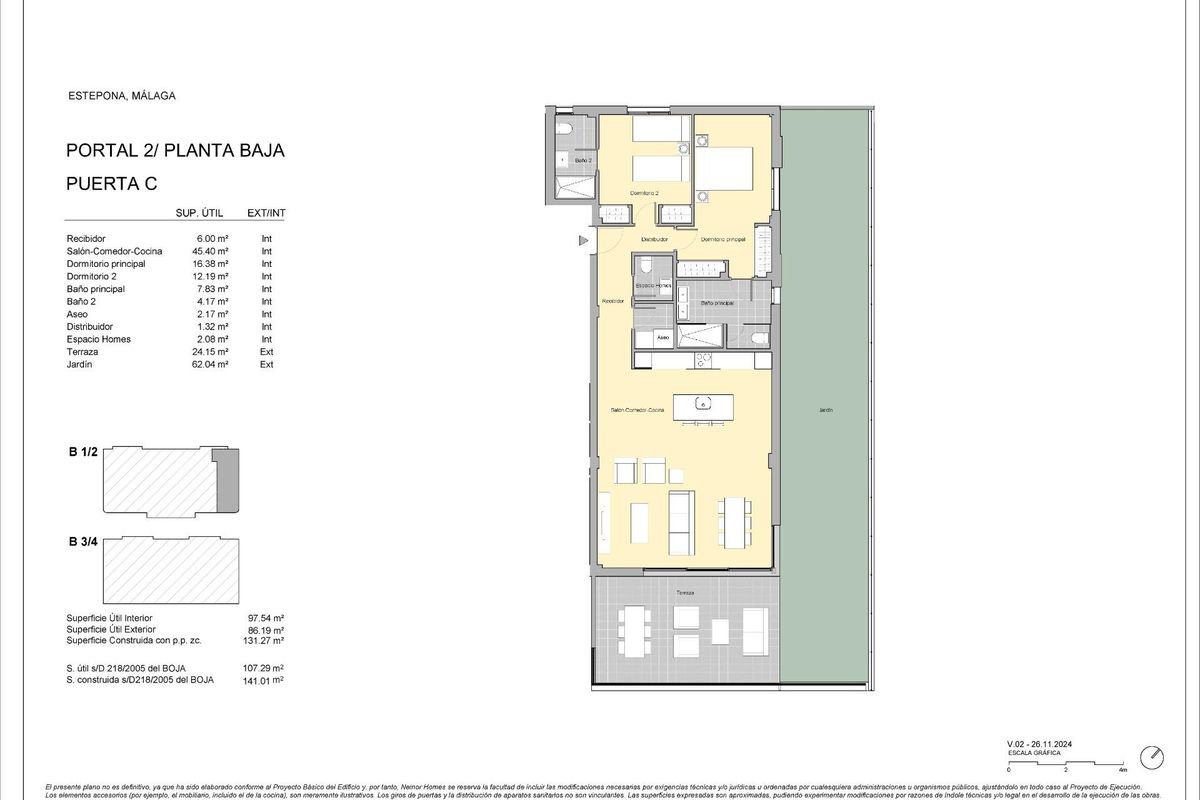 Plattegrond van een appartement met 2 slaapkamers op de begane grond, met de indeling in Estepona, Costa del Sol.