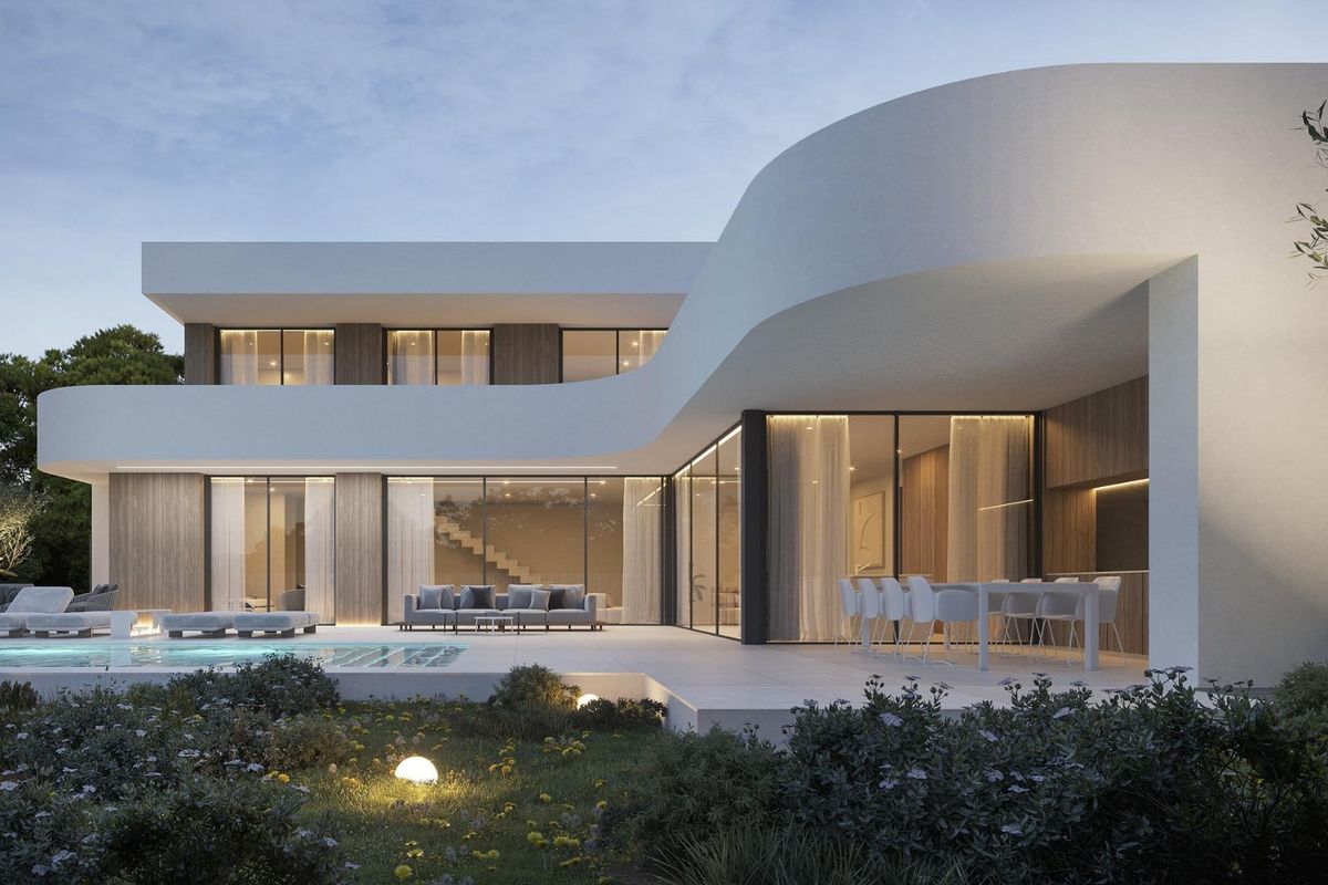 Contemporary villa-ontwerp met buiten dineren en zwembad in Moraira, Costa Blanca.