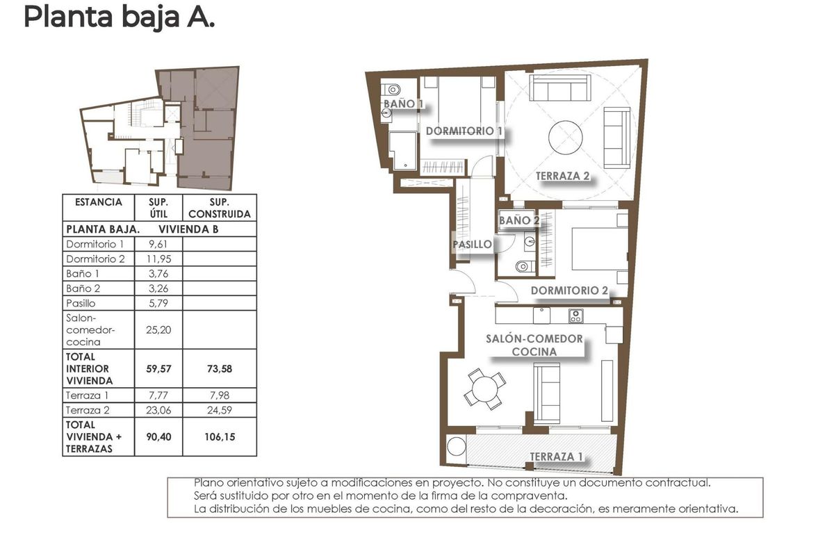 Plattegrond van een 1-slaapkamer appartement op de begane grond in Torrevieja, Costa Blanca Zuid, met indeling.