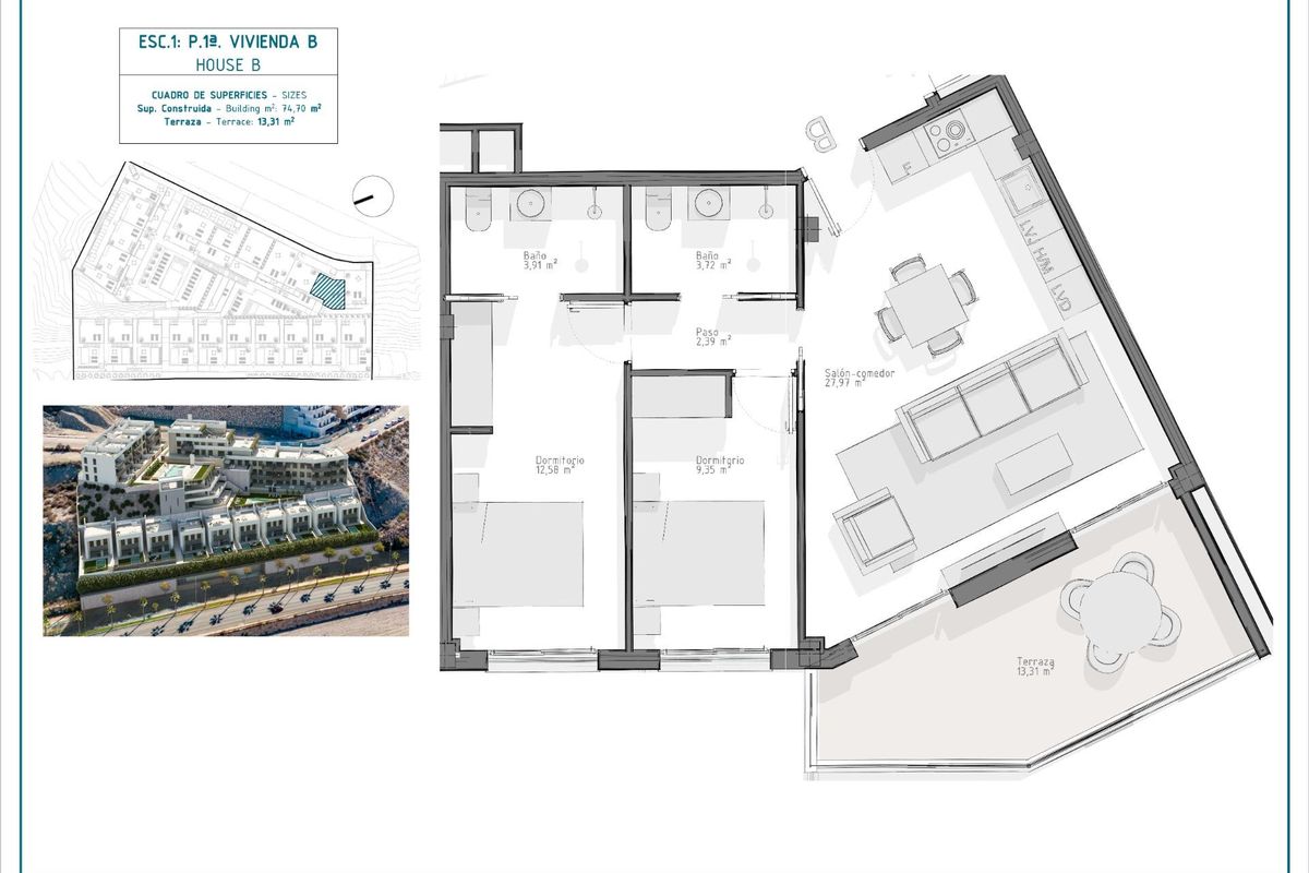 Plattegrond van het 2-slaapkamer appartement in Aguilas, met details van kamers en indeling voor potentiële kopers.