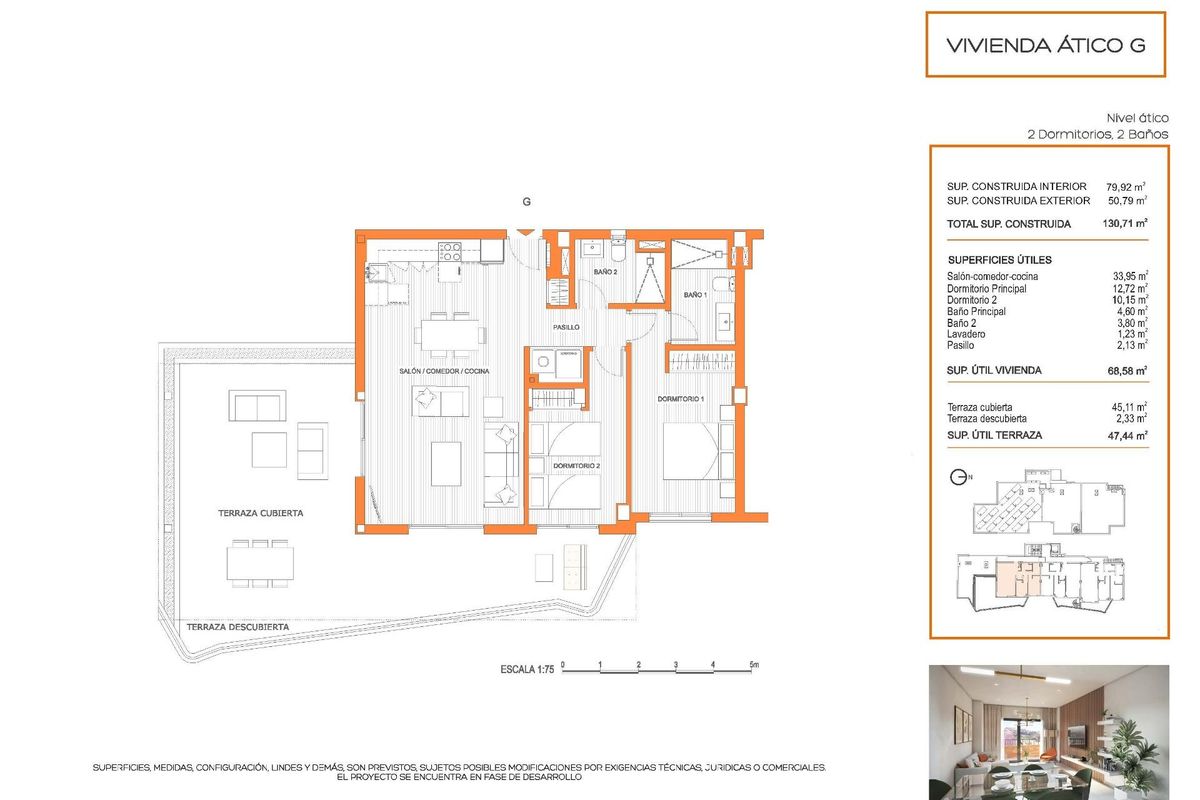 Plattegrond van het 2-slaapkamer penthouse in Fuengirola, met details van de indeling en het terras.