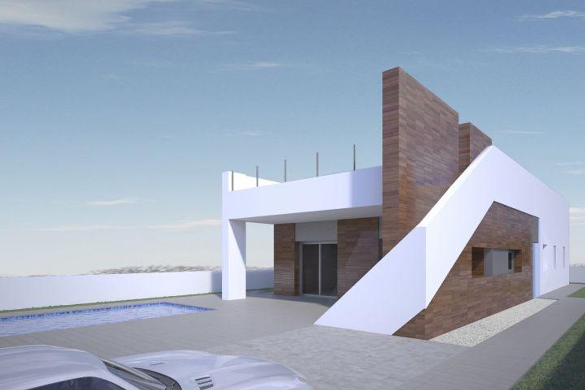 Contemporary villa facade in Aspe, met unieke architectonische ontwerp en een zwembadgebied.