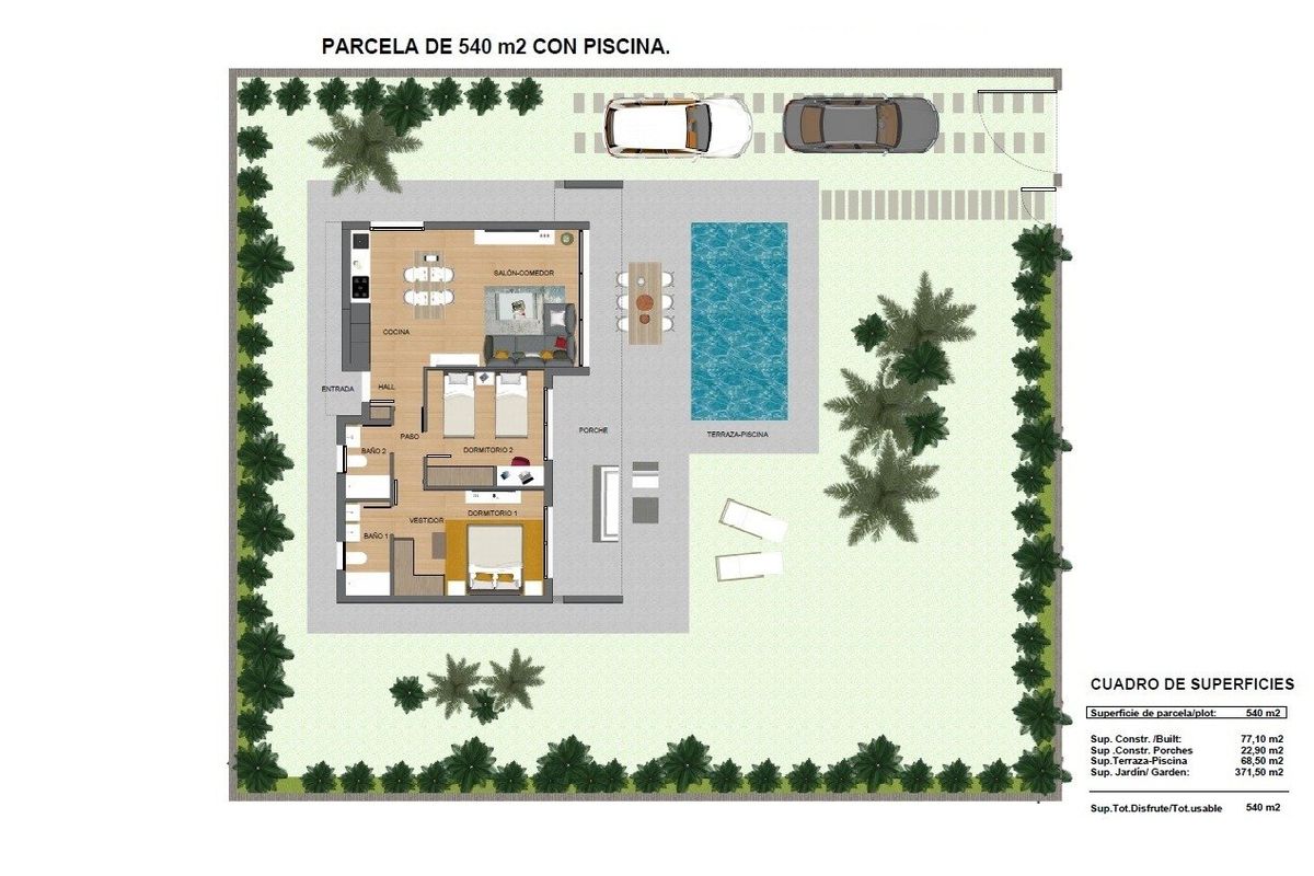 Floor plan of a 2-bed villa in Calasparra, Spain, featuring a pool, garden, and spacious layout.