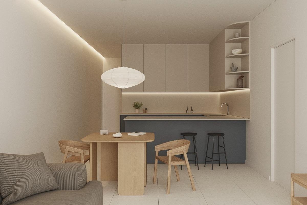 Moderne keuken en eetruimte in een gelijkvloers 2-slaapkamer appartement in Torrevieja, Costa Blanca Zuid.