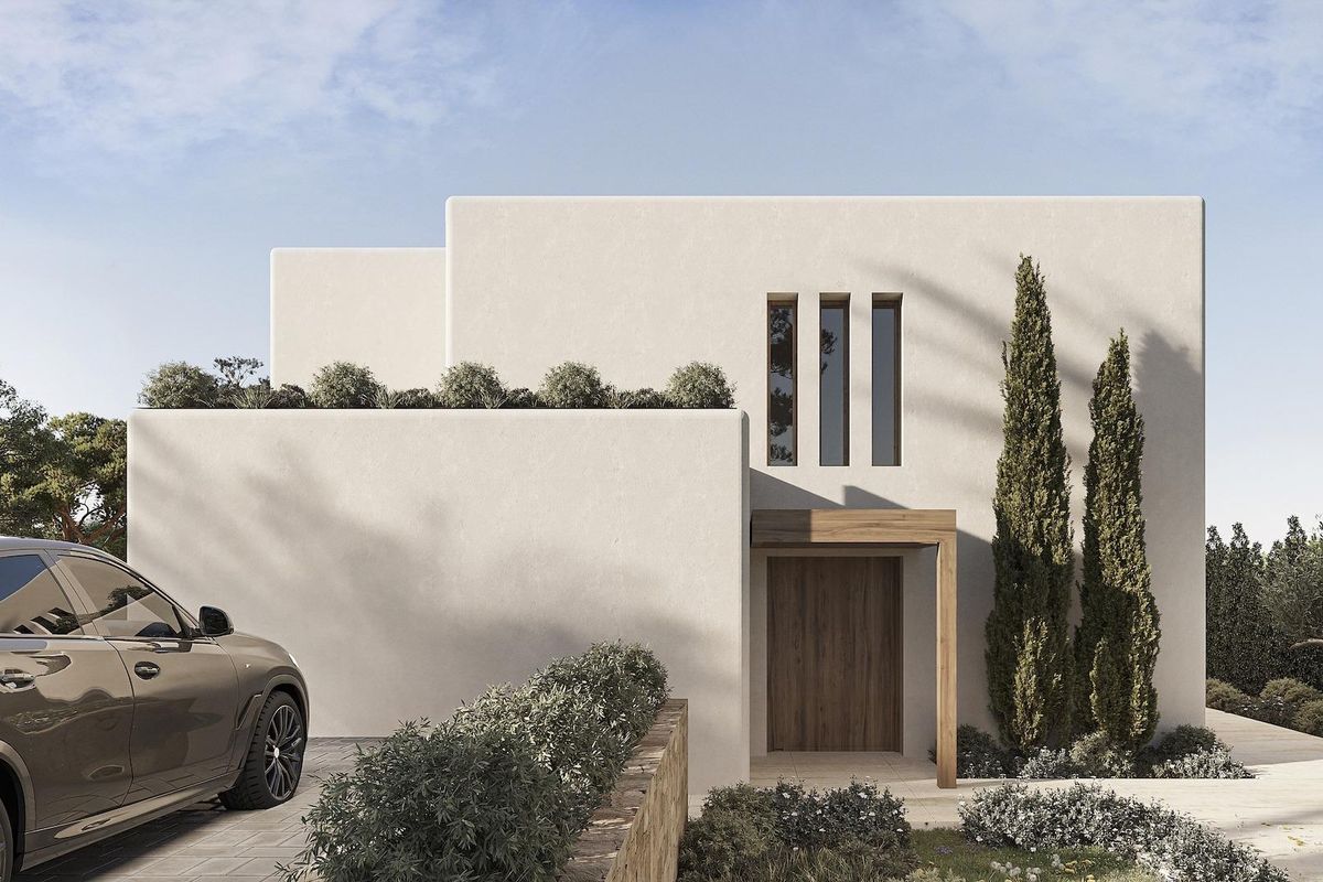 Hedendaagse ingang van een 4-slaapkamer villa met aangelegde tuin in Benissa, Costa Blanca Noord.