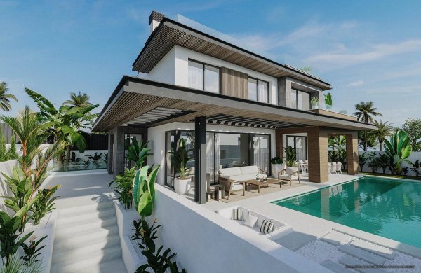 Moderne 3-slaapkamer villa in Mijas met een ruim terras en zwembad omringd door groen.