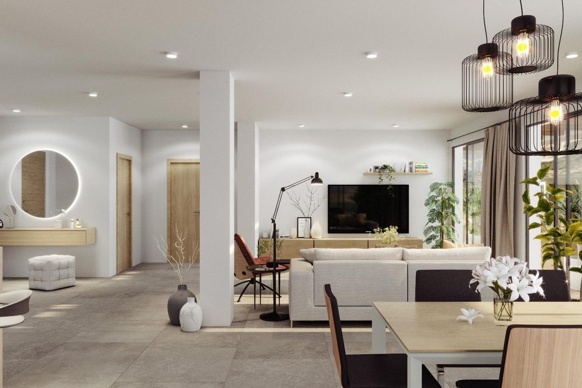 Elegante eet- en woonruimte in een villa met 4 slaapkamers in Rojales, Costa Blanca, met stijlvolle decoraties en licht.