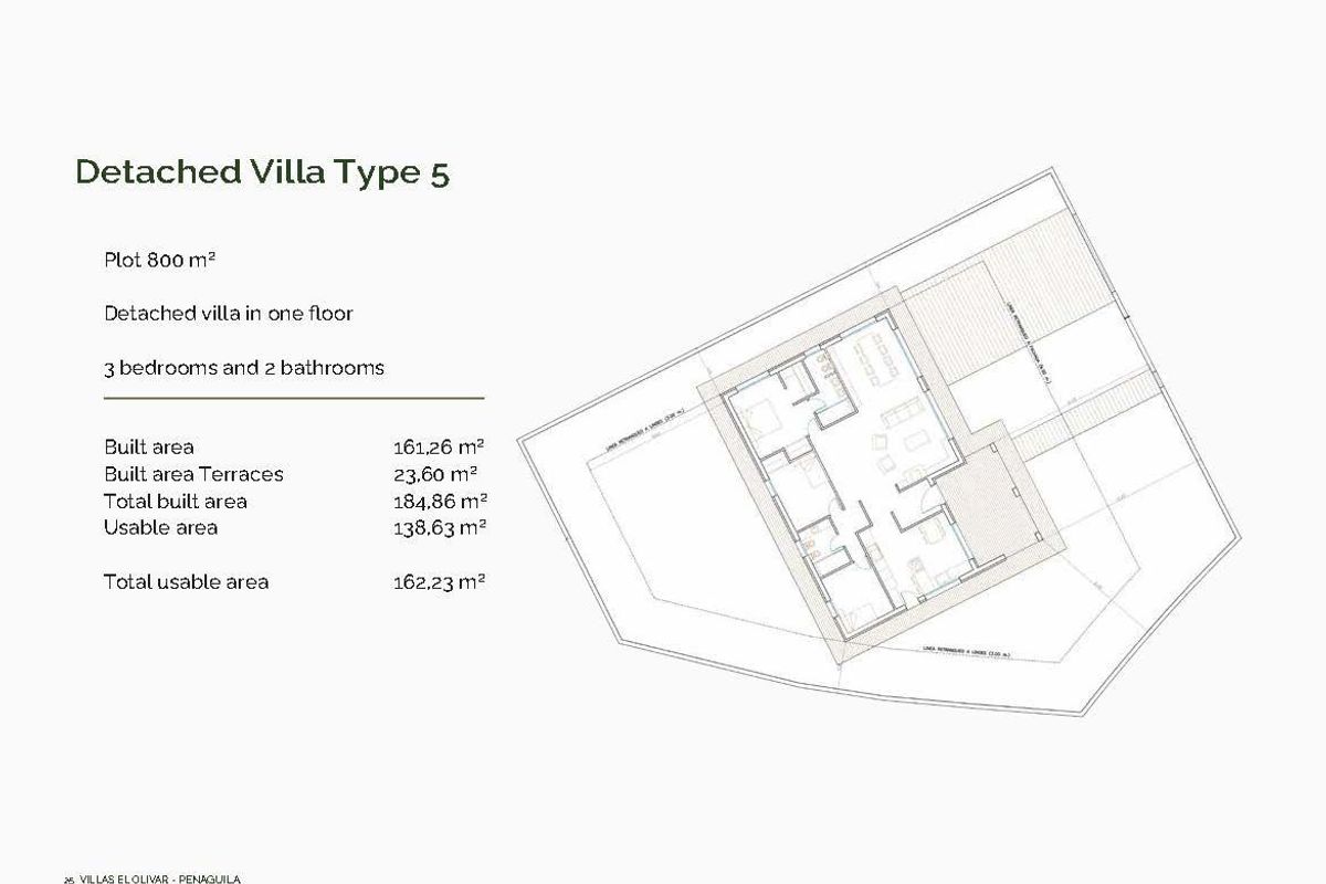 Plattegrond van een vrijstaande 3-slaapkamer villa in Penaguila, met lay-out en afmetingen.